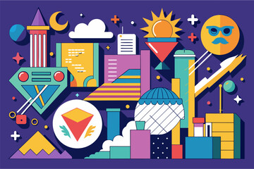 Aufkleber - abstract geometric shapes and icons in a colorful retro style design