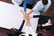 © Summit Art Creations - Panorama banner top view group of diverse office worker join hand over meeting table. Business synergy and strong productive teamwork in workplace. Collective and unity of business employee. Prudent