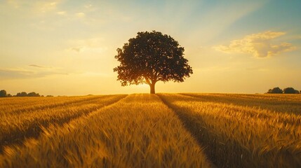 Canvas Print -   A lone tree stands amidst a wheat field at sunrise on the horizon