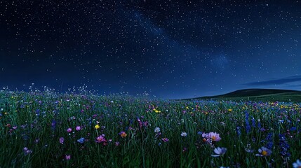 Poster -   A field brimming with blooms, bathed in night's glow, stars shimmering overhead, and a luminous moon beaming down