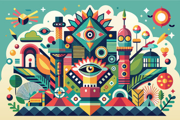 Abstract Geometric Psychedelic Cityscape with Bright Colors and Eye Motifs