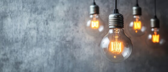 Illuminated vintage light bulbs hanging against a textured wall backdrop