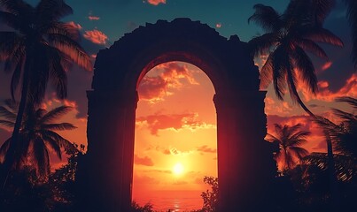 Poster - Sunset Through an Ancient Archway With Palm Trees Silhouetted