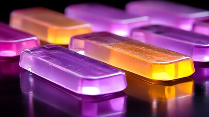 Poster - Colorful soap bars artfully arranged, showcasing a variety of shapes and textures, vibrant hues create a visually appealing display.
