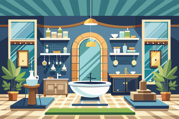 Cartoon illustration of a luxurious spa bathroom interior with a bathtub, shelves, plants and a tiled floor