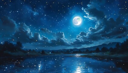 Sticker - In the night sky, a bright moon shines against the starry sky, making it particularly charming. The stars around it shine, giving people a feeling of tranquility and beauty.