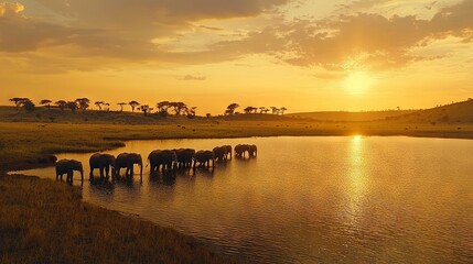 Wall Mural -   A herd of elephants on a green field beside a tranquil body of water during a picturesque sunset