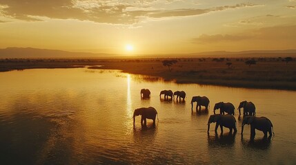 Sticker -   A herd of elephants crossing a body of water at dusk with the sun setting in the background