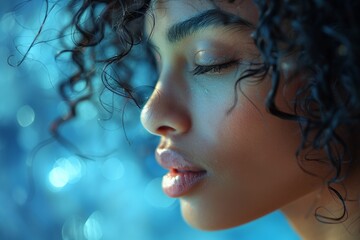 Wall Mural - Feminine young black woman with curly hair, a tender expression, and fresh skin, closeup portrait.