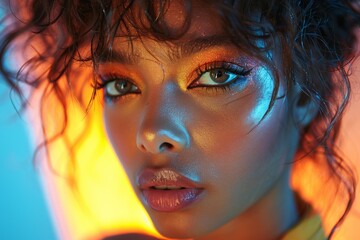 Sticker - A stunning portrait of a young woman exudes elegance and sensuality, enhanced by vibrant makeup and a stylish look.