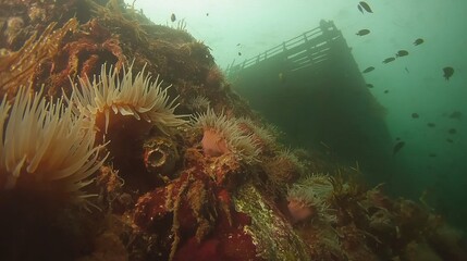 Wall Mural -   An underwater perspective of sea anemones and a dock in the distance, with sunlight filtering through the water