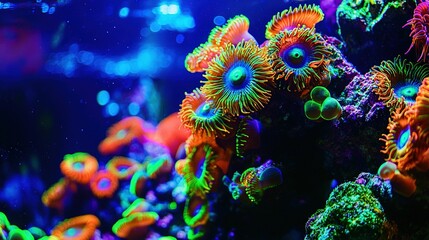   An aquarium with sea anemones in various colors and under blue and green lights