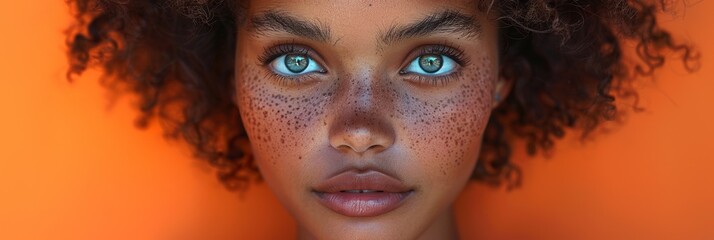 Wall Mural - Young woman with freckles and stylish makeup, close-up portrait highlighting her natural beauty and elegance.