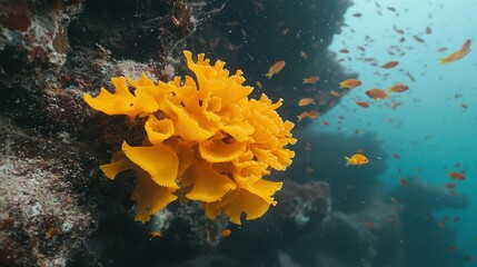 Wall Mural -   Close-up of yellow coral on reef with corals & small fish in water