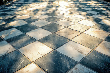 Wall Mural - Sunbeams Dance on a Checkered Tile Driveway, Creating a Playful Geometric Pattern.