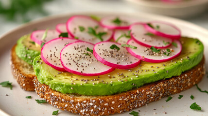 Canvas Print - Avocado toast with radish slices and chia seeds on a plate.