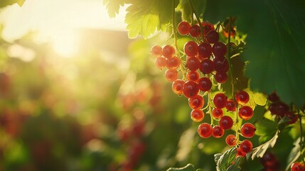 Poster -   A close-up of a collection of berries hanging from a tree, with sunlight filtering through the foliage above