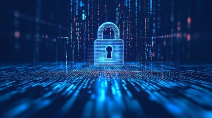 Poster - 3D digital lock icon surrounded by encrypted binary code on a blue digital background. Highlights cyber security and data protection.