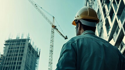 construction worker in a hard hat operating a crane at a busy building site, copy space