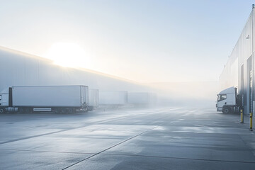 Silent Dawn at the Logistics Hub: Semitrailers Stand Ready in a Misty Pre-dawn Light.