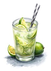 Caipirinha cocktail in cold tumbler glass, with ice cubes and two small lime slices inside the transparent drink, with silver straw, on perfect white background, big copy space, illustration