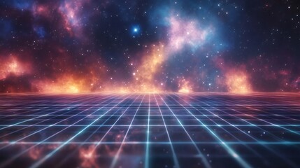 Wall Mural - Futuristic grid floor with a starry night sky and galaxy in the background.