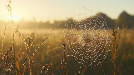 Wall Mural - a spider web shines under the midday sun in the middle of an open field