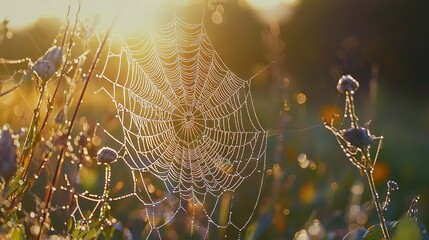 Wall Mural - a macro shot of a spider web amidst tall blades of grass, bathed in golden sunlight streaming throug