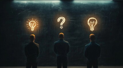 Poster - Three figures in black under glowing light bulb and question mark drawings on a chalkboard background. Represents decision-making, problem-solving, and inquiry.