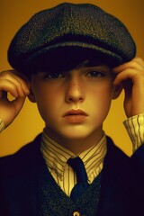 A stylish young boy wearing vintage clothing adjusts his flat cap against a warm-toned background.