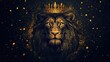 © Julia - Majestic Stylized Lion with Crown on Dark Background Featuring Abstract Golden Splatter Patterns