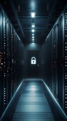 Poster - Dimly lit server room with a glowing white lock icon on the door. Focus on cybersecurity and data protection.