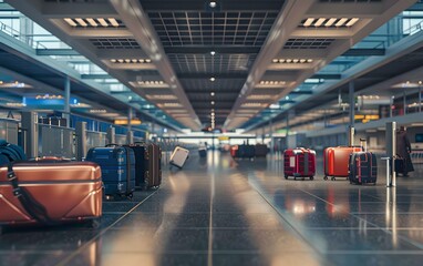 Wall Mural - A wide-angle view of an airport check-in area with multiple pieces of luggage neatly arranged, while travelers are waiting or looking from the side. 