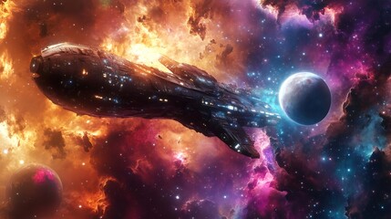 Wall Mural - Futuristic spaceship soaring through a colorful nebula with a planet in the distance.