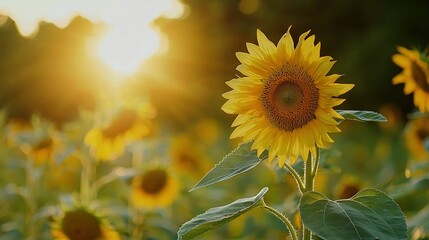 Poster -  Sunflower in sunflower field, sun shining through leaves, sun in background