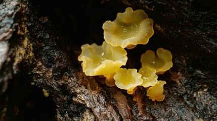 Wall Mural -   A cluster of golden fungi emerging from tree bark amidst a forest with verdant moss covering the tree trunk