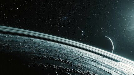 Wall Mural -  An artistically rendered image of a faraway planet with two planets in the backdrop and a luminous star above