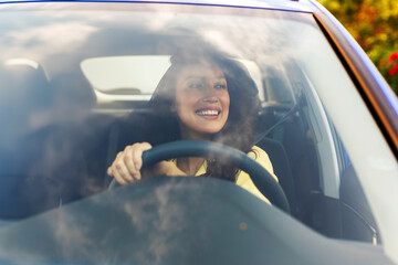 Smiling woman driving vehicle on road on bright sunny day, lady enjoying her new automobile, view from front windshield