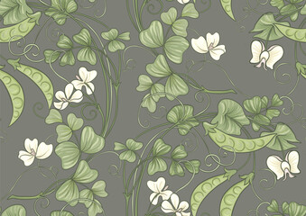 Wall Mural - Green peas. Branch with leaves and pods with peas.. Seamless border pattern, linear ornament, ribbon Vector illustration. Outline hand drawing. In art nouveau style, vintage, old, retro style.