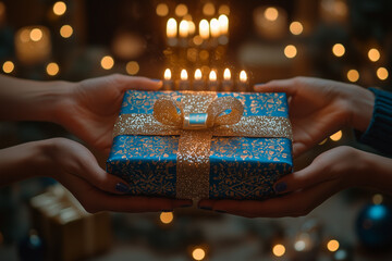 Wall Mural - A close-up of family members exchanging Hanukkah gifts wrapped in blue and silver, with a menorah glowing softly in the background, capturing the spirit of giving.