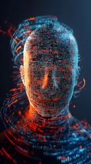 Poster - Pixelated human profile with binary code representing cyber security and data encryption.