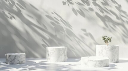 Poster - Pedestals made of white granite in sunlight with leaf shadows on a white background for showcasing cosmetics, goods, shoes, bags, and watches.