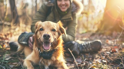 Sticker - Golden Retriever and Woman in Forest