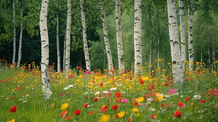 Poster -  A verdant forest with golden and crimson flowers amidst lush grass and towering birch trees