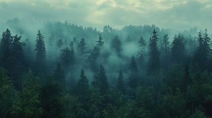 Poster -   A fog-filled forest brimming with towering trees shrouded in mist and hazy smog