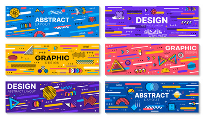 Aufkleber - Abstract geometric modern Memphis banners. Horizontal vector cards or layouts with vibrant colors, bold patterns and eclectic shapes. Dynamic and visually striking design capture vibes of 80s ethos
