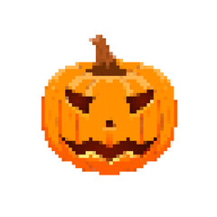 Canvas Print - Pixel vector illustration of a Halloween pumpkin with a carved sinister grin. Pixel art Orange pumpkin with a brown stem in retro style, suitable for holiday and digital designs.