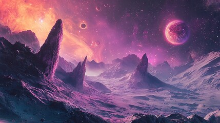   An alien landscape featuring mountains, rocks, and celestial bodies including planets and stars in the sky