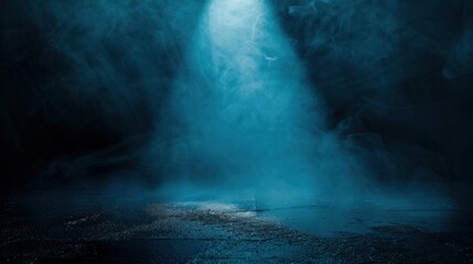 Sticker - Dark empty scene, blue neon searchlight light, wet asphalt, smoke, night view, rays. 