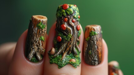 A stunning close-up of a unique forest-themed 3D nail art design featuring tree bark textures and vibrant ladybugs. The lifelike detailing captures a whimsical nature scene on each nail, ideal for